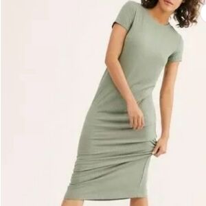Free People Sage Green Floor Length Ribbed Maxi Short Sleeve Dress